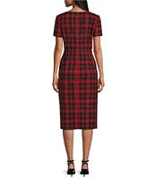 Preston & York Blake Woven Tartan Plaid Split V-Neck Short Sleeve Midi Length Sheath Dress