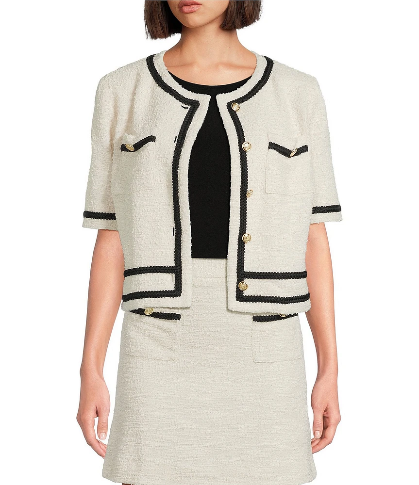 Preston & York Coordinating Brigid Knit Tweed Button Front Double Pocket Short Sleeve Jacket