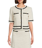 Preston & York Coordinating Brigid Knit Tweed Button Front Double Pocket Short Sleeve Jacket