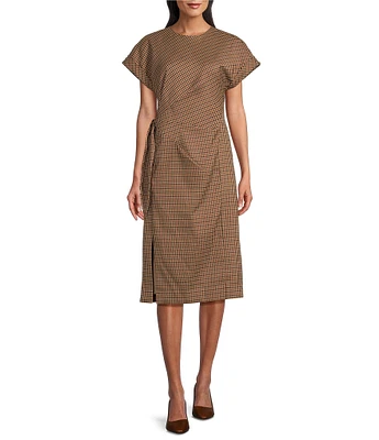 Preston & York Emberly Check Crew Neck Dropped Short Sleeve Tie Side Column Midi Dress