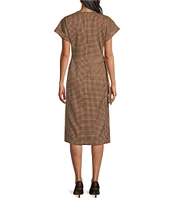 Preston & York Emberly Check Crew Neck Dropped Short Sleeve Tie Side Column Midi Dress