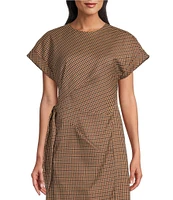 Preston & York Emberly Check Crew Neck Dropped Short Sleeve Tie Side Column Midi Dress