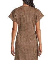 Preston & York Emberly Check Crew Neck Dropped Short Sleeve Tie Side Column Midi Dress