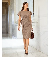 Preston & York Emberly Check Crew Neck Dropped Short Sleeve Tie Side Column Midi Dress