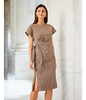 Preston & York Emberly Check Crew Neck Dropped Short Sleeve Tie Side Column Midi Dress