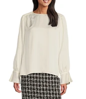 Preston & York Florence Woven Satin Crew Neck Ruched Long Flounce Sleeve Blouse