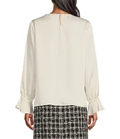 Preston & York Florence Woven Satin Crew Neck Ruched Long Flounce Sleeve Blouse