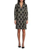 Preston & York Hera Fall Palm Print Shirting Point Collar V-Neck Long Sleeve Above the Knee Shift Dress