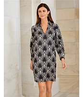 Preston & York Hera Fall Palm Print Shirting Point Collar V-Neck Long Sleeve Above the Knee Shift Dress