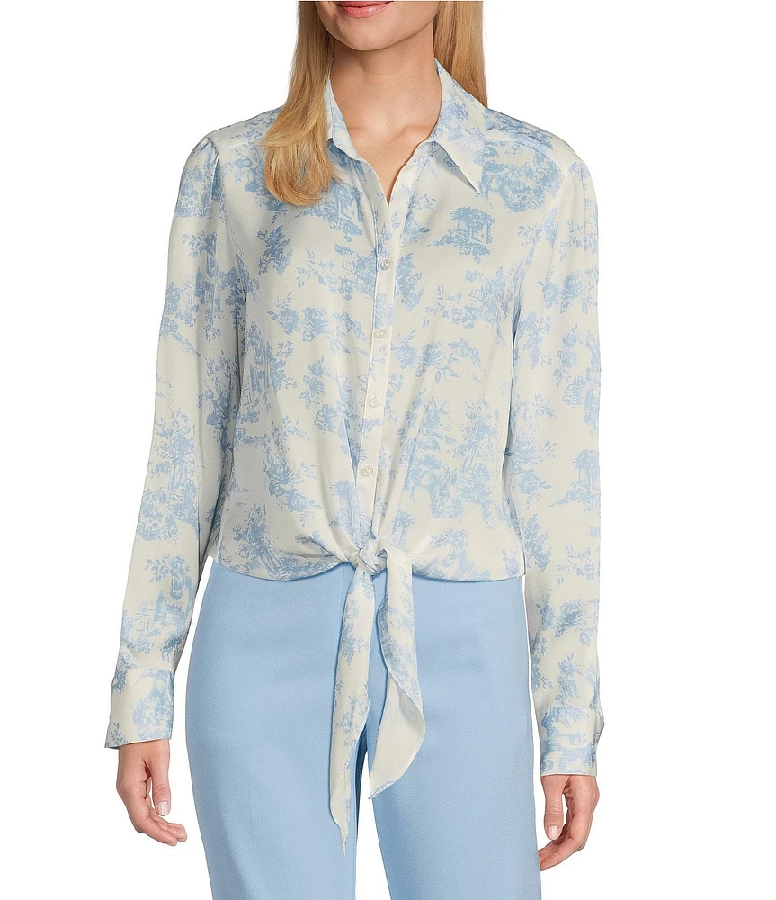 Preston & York Kinsley Satin Long Sleeve Button Tie Front Blouse