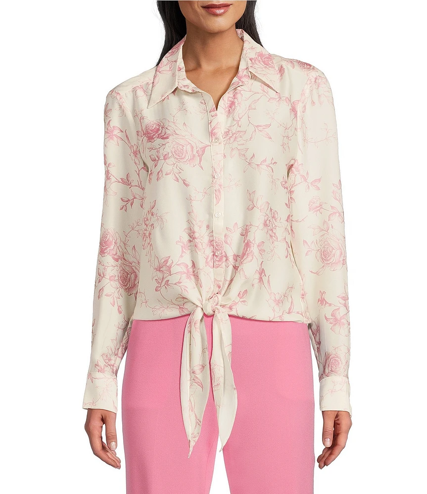 Preston & York Kinsley Satin Rose Print Long Sleeve Button Tie Front Blouse
