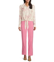 Preston & York Kinsley Satin Rose Print Long Sleeve Button Tie Front Blouse