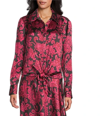 Preston & York Kinsley Tie From Hem Button Front Collard Long Sleeve Coordinating Blouse