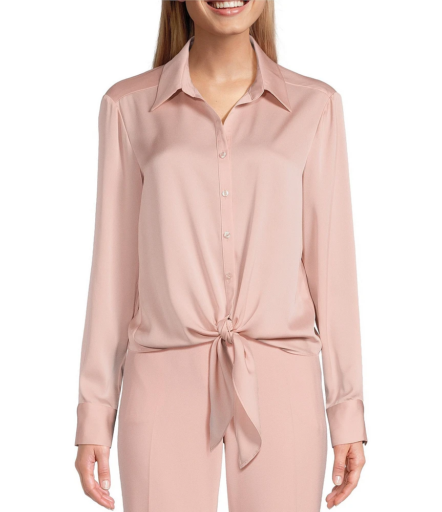 Preston & York Kinsley Tie Front Hem Button Front Collared Long Sleeve Shirt