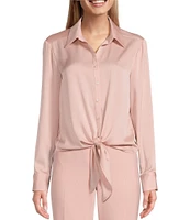 Preston & York Kinsley Tie Front Hem Button Front Collared Long Sleeve Shirt