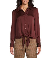 Preston & York Kinsley Tie Hem Button Front Collar Long Sleeve Fabric Button Front Satin Shirt