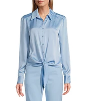 Preston & York Kinsley Tie Hem Button Front Collar Long Sleeve Fabric Button Front Satin Shirt