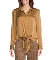 Preston & York Kinsley Tie Hem Button Front Collar Long Sleeve Fabric Button Front Satin Shirt