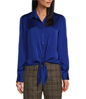 Preston & York Kinsley Tie Hem Button Front Collar Long Sleeve Fabric Button Front Satin Shirt