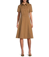 Preston & York Lenora Stretch Twill Point Collar Short Sleeve Basque Waistline Below the Knee Fit and Flare Dress