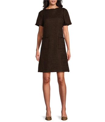 Preston & York Leona Tweed Fringe Boat Neck Short Sleeve A-Line Above the Knee Dress