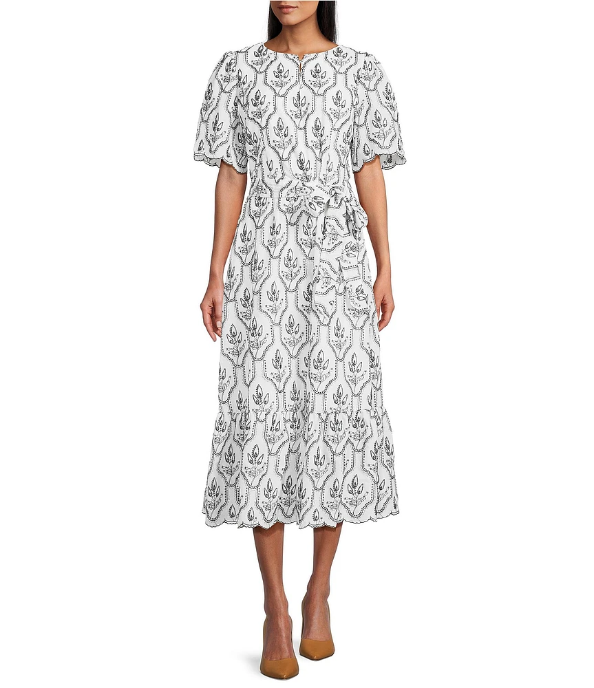 Preston & York Lisa Embroidered Round Neckline Short Sleeve Midi Dress
