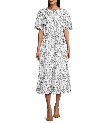 Preston & York Lisa Embroidered Round Neckline Short Sleeve Midi Dress