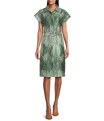 Preston & York Mae Mikado Sheath Button Front Belted Short Sleeve Zebra Print Dress