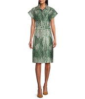 Preston & York Mae Mikado Sheath Button Front Belted Short Sleeve Zebra Print Dress