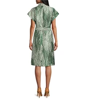 Preston & York Mae Mikado Sheath Button Front Belted Short Sleeve Zebra Print Dress