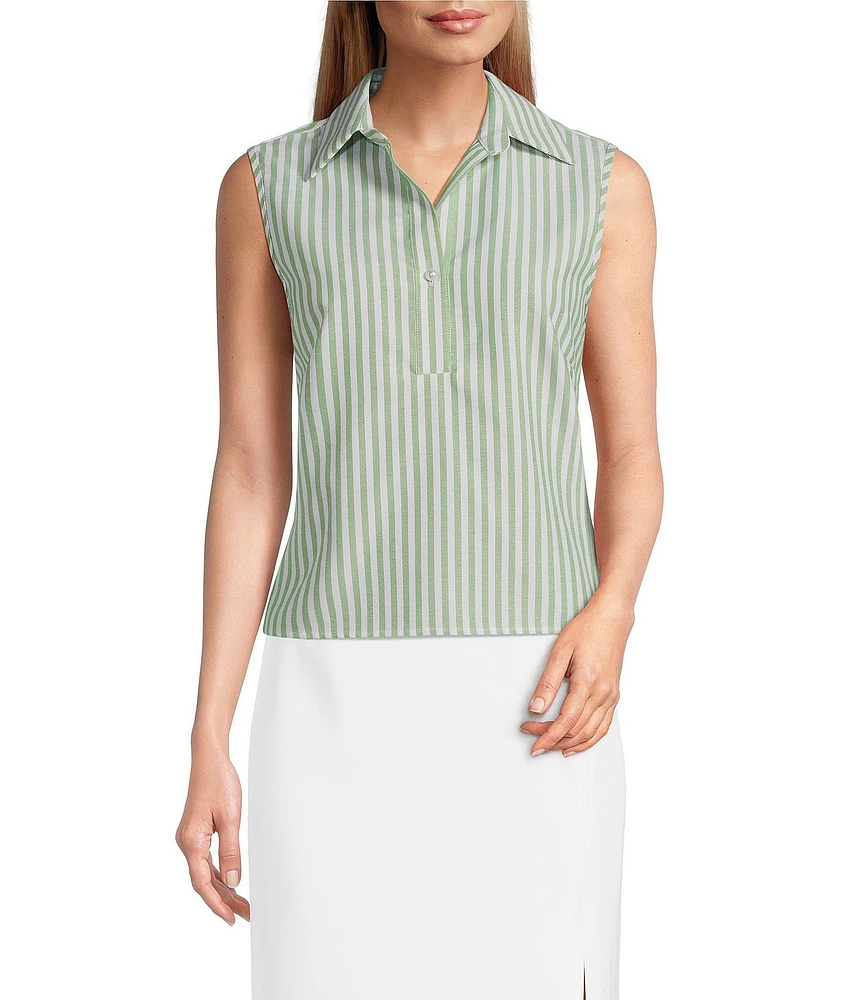 Preston & York Monday Woven Stripe Button Placket Collar Sleeveless Blouse