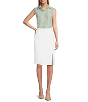 Preston & York Monday Woven Stripe Button Placket Collar Sleeveless Blouse