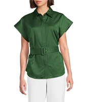 Preston & York Sasha Belted Short Sleeve Point Collar Blouse