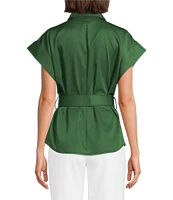 Preston & York Sasha Belted Short Sleeve Point Collar Blouse