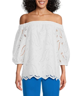 Preston & York Shelley Eyelet Off-The-Shoulder 3/4 Puff Sleeve Blouse