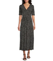 Preston & York Sydney Antelope Print Knit V-Neck Short Sleeve Tie Waist Faux Wrap Midi Dress