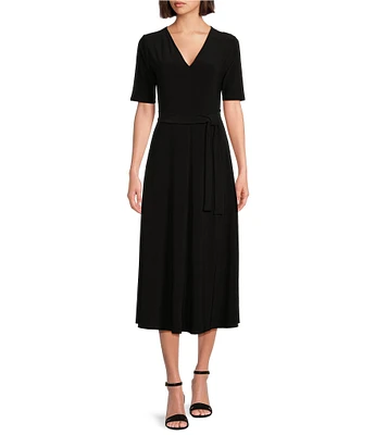 Preston & York Sydney V-Neck Short Sleeve Tie Waist Midi Dress