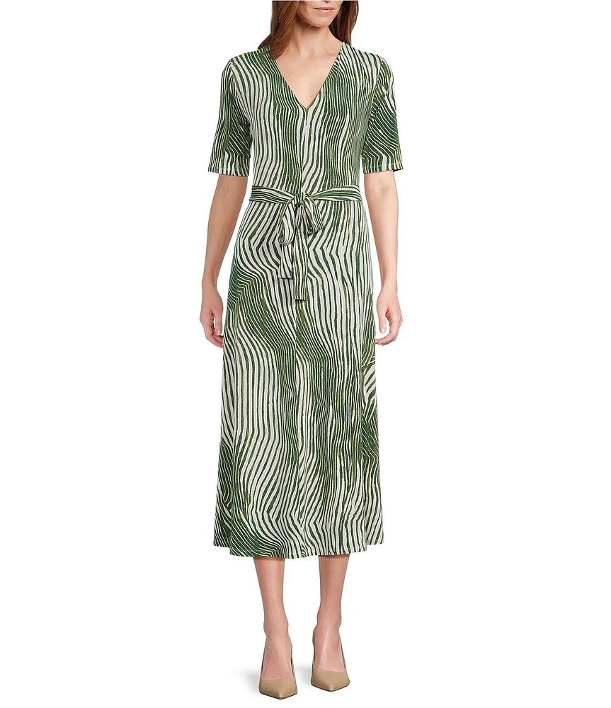Preston & York Sydney Zebra Print V-Neck Short Sleeve Tie Waist Midi Dress