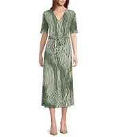 Preston & York Sydney Zebra Print V-Neck Short Sleeve Tie Waist Midi Dress