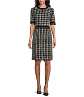 Preston & York Terri Wool Blend Metallic Tweed Fringe Crew Neck Short Sleeve Knee Length Column Sheath Dress