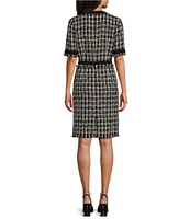 Preston & York Terri Wool Blend Metallic Tweed Fringe Crew Neck Short Sleeve Knee Length Column Sheath Dress