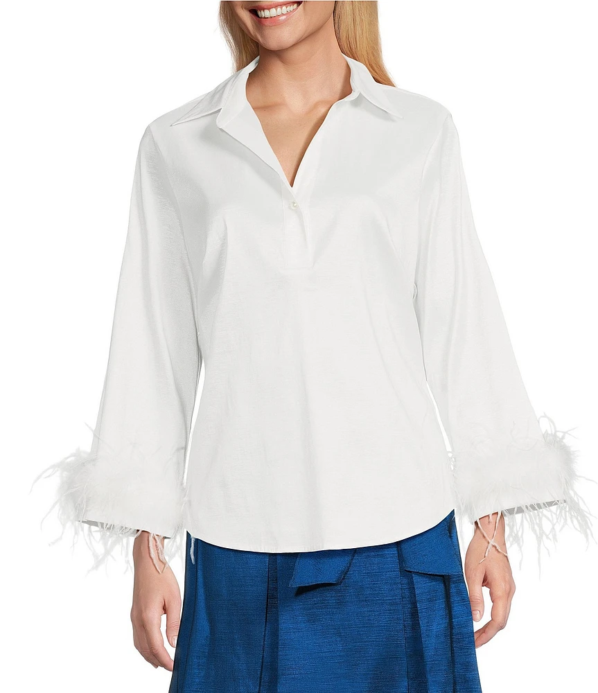 Preston & York Tessa Stretch Taffeta Feather Trim Long Sleeve Blouse