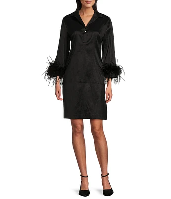 Preston & York Tessa Taffeta Point Collar Pearl Button V-Neck 3/4 Sleeve Feather Cuff A-Line Shirt Dress