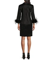 Preston & York Tessa Taffeta Point Collar Pearl Button V-Neck 3/4 Sleeve Feather Cuff A-Line Shirt Dress