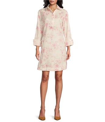 Preston & York Thea Rose Print Taffeta 3/4 Sleeve Point Collar Dress