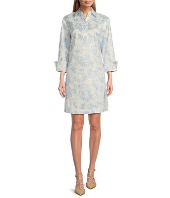 Preston & York Thea Printed Taffeta 3/4 Sleeve Point Collar Dress