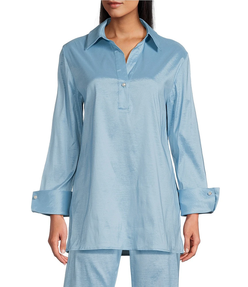 Preston & York Thea Taffeta Cuffed Long Sleeve Point Collar Button Front Blouse