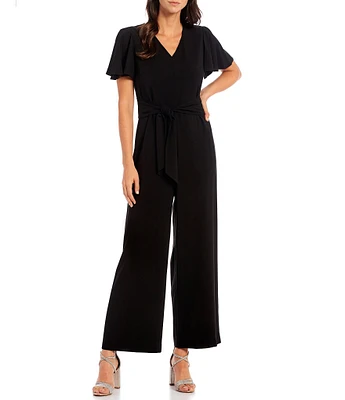 Preston & York Kayla V-Neck Short Flutter Sleeve Tie Belt Jumpsuit