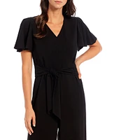 Preston & York Kayla V-Neck Short Flutter Sleeve Tie Belt Jumpsuit