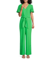 Preston & York Kayla V-Neck Short Flutter Sleeve Tie Belt Jumpsuit